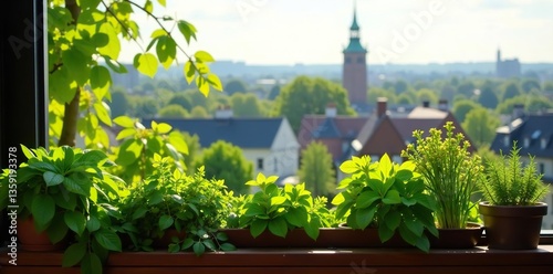 A variety of lush herbs and plants basking in the sunlight on a balcony overlooking Stockholm, Sweden,  sunshine,  relaxation
