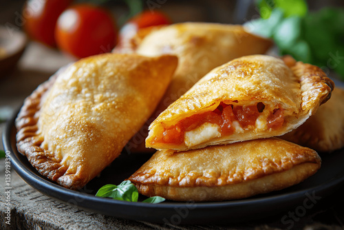 Crispy Air-Fried Italian Panzerotti Veloci with Melted Cheese and Tomato Filling, Served on a Plate in Natural Lighting