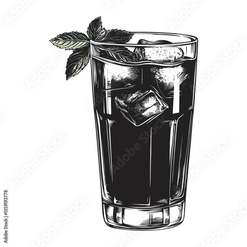 A summer long glass cocktail engraved isolated drink vector illustration beverage black white vector