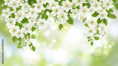 White flowers and green leaves on soft background