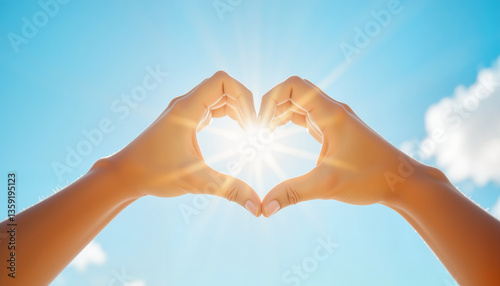 Heart gesture with hands under clear sky, symbol of love and connection