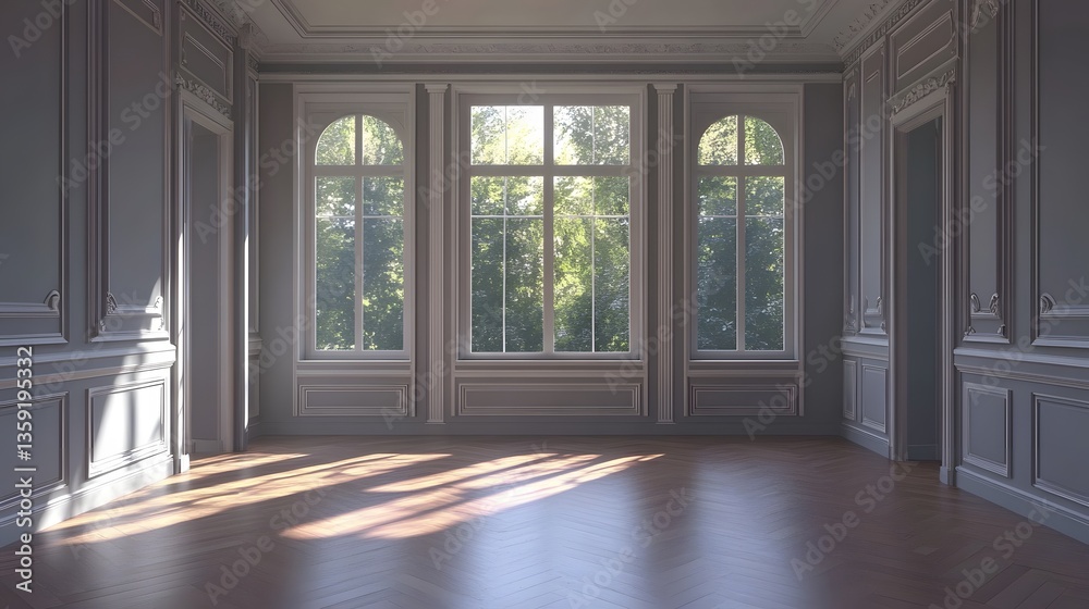 Fototapeta premium sunlit elegant room with large windows and wood floor