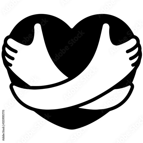 Black heart embraced by hands from both sides, emotional, psychological support through the act of hugging, protecting, nurturing love in relationships, fostering warmth, security, care within intimat