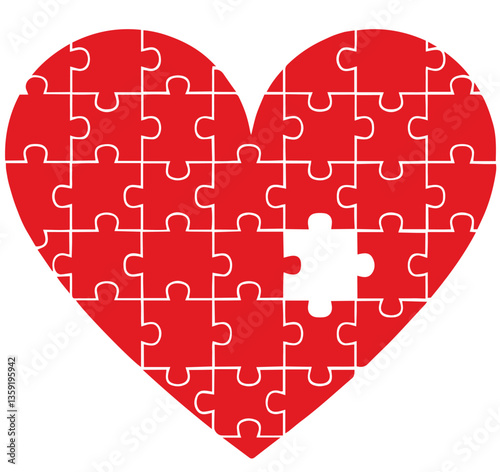 Red heart made of puzzle pieces with one missing piece at the center, leaving an empty space in the shape of the missing piece, emotional gaps, psychological challenges in relationships, deep yearning
