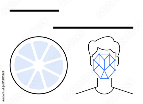 Human face with facial recognition grid next to segmented circle representing data or analysis process. Ideal for technology, biometrics, security, data analysis, artificial intelligence, pattern