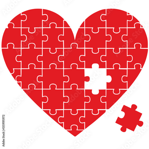 Red heart formed from puzzle pieces with one piece missing, placed next to the heart, emotional voids in relationships, partnerships, unfulfilled love, longing for completeness in emotional connection