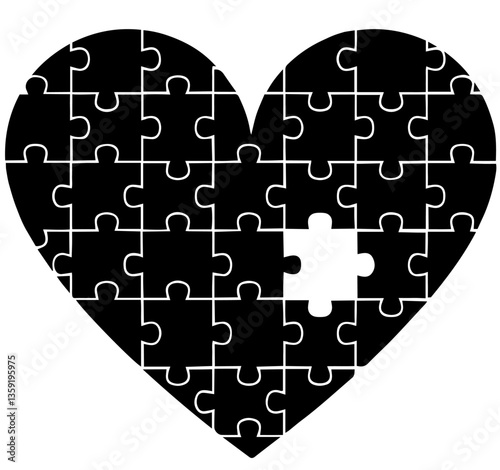 Black heart made of puzzle pieces with one missing piece inside, absence of love, the search for love, fractured relationships, seeking self-love, emotional challenges of overcoming loneliness,  broke