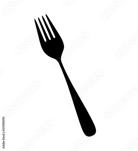 Black silhouette of a fork with four prongs and a curved handle, kitchen utensil essential for eating food, role of dining tools in meal preparation, enjoyment, culinary experience.
