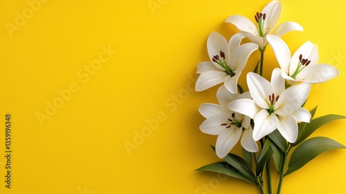 White lilies on yellow background