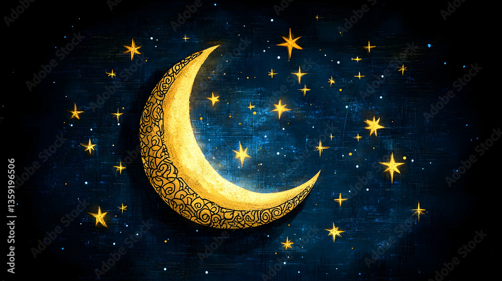 Naklejka premium A crescent moon glows amid a dark starry night sky Yellow stars shimmer with tiny white dots in the textured navy bac