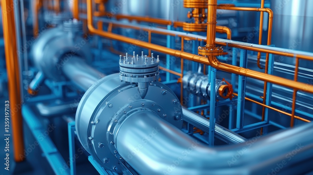 Industrial Pipes and Valves in a Modern Factory Setting Featuring Blue and Orange Color Schemes Industrial Pipes and Valves in a Modern Factory Setting Featuring Blue and Orange Color Schemes