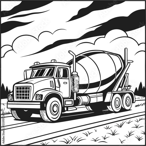 Construction Concrete mixer Pouring Car Machine vector line art design