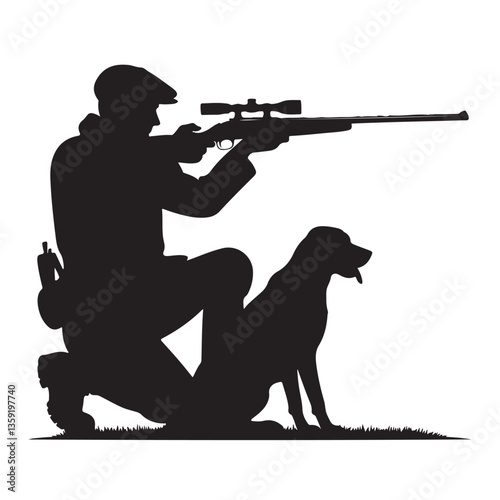 Hunting Silhouette Vector Illustration Hunter Sniper Rifle Dog Companion