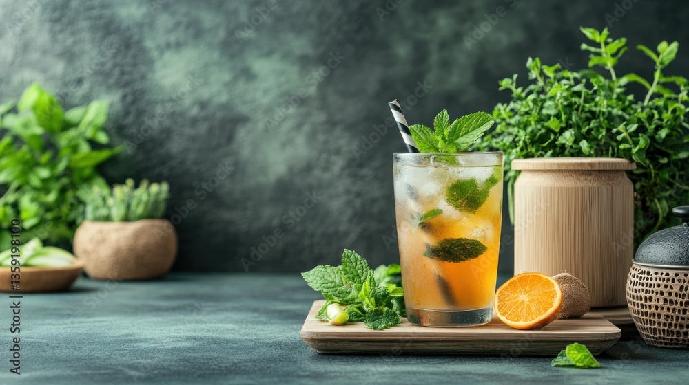 Fototapeta premium Iced tea with mint in a glass, surrounded by fresh herbs
