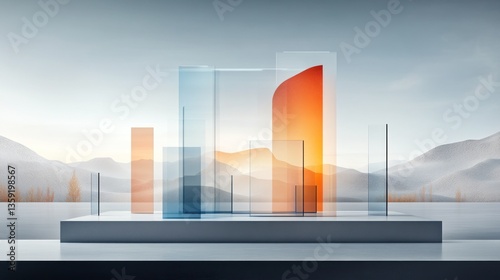 Abstract glass structure on platform, mountainous backdrop