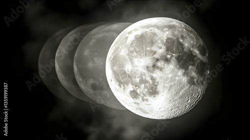 A detailed sequence of the moon is seen with textures and craters against a dark sky revealing a mysterious atmosphere