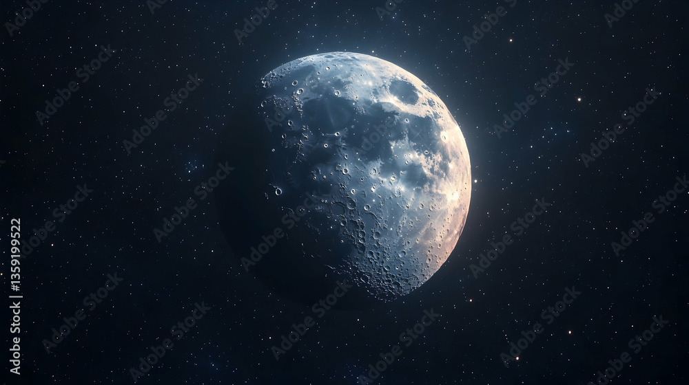 Fototapeta premium A detailed view of a cratered moon glows against a deep star-speckled space background showcasing its rugged terrain