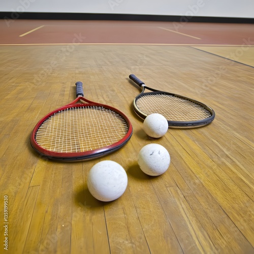Racketball Court, Two Rackets and Balls on Wooden Floor