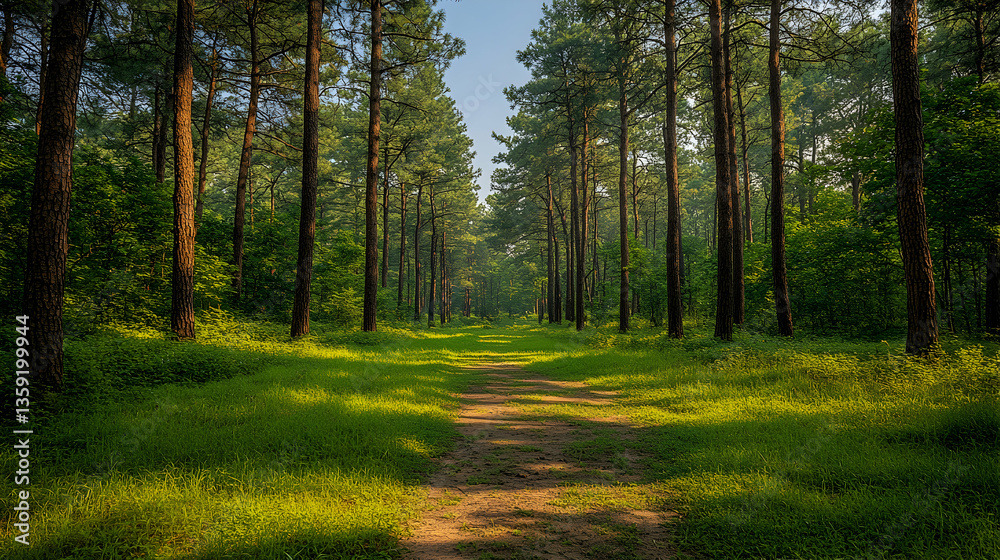 Fototapeta premium A dirt path leads through a dense forest with towering trees lush green grass and dappled sunlight filtering through t
