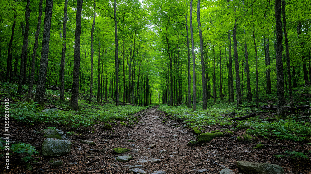 Obraz premium A dirt path winds through a lush green forest towering trees surrounding it Sunlight filters through canopy illuminat