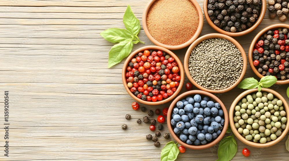 Fototapeta premium Selection of colorful spices on a wooden table in bowls