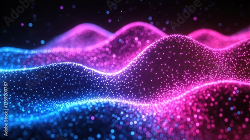 Abstract waves of vibrant pink and blue particles, shimmering and flowing