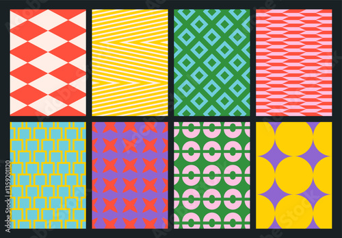 Set of colorful geometric backgrounds. Minimal bright posters in trendy style. Abstract modern design with simple shapes for print, card, cover, wallpaper, brochure, banner, social media, flyer