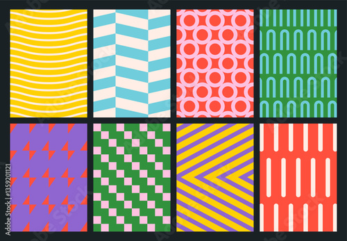Set of bright colorful geometric backgrounds. Minimal posters in trendy style. Abstract modern design with simple shapes for print, card, cover, wallpaper, brochure, banner, social media, packaging
