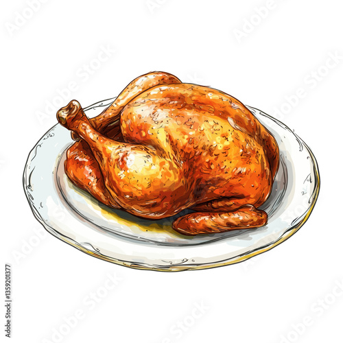 Illustration whole roasted chicken background white dinner vector