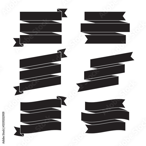 Set of Three Layered Black Silhouette Ribbon Banners and Labels - Flat Design Illustration	
