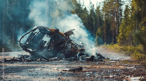 Close-up of helicopter wreckage in dense forest with smoke rising and scattered debris, depicting destruction and disaster aftermath. Ideal for emergency response, aviation safety, or environmental im