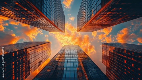 Wallpaper Mural Skyscrapers pierce vibrant sunset sky.  Stunning low-angle view Torontodigital.ca