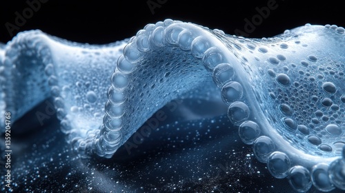 Abstract wave-like form with water droplets.  Intricate texture, cool tones