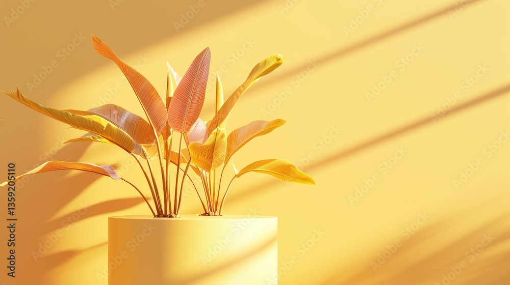 Golden Plant Leaves in Yellow Pot Minimalist Scene