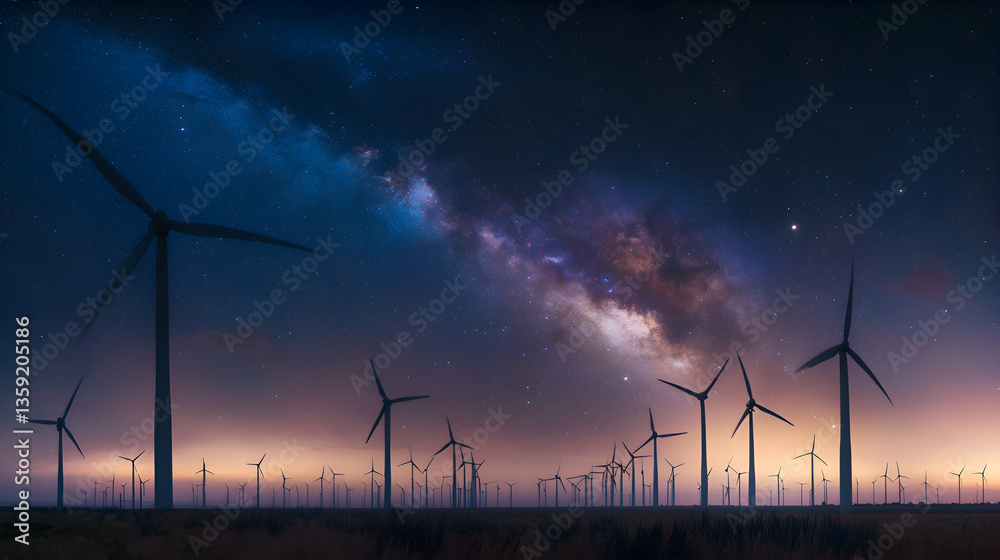 Obraz premium A panoramic night scene of a wind farm, the turbines silhouetted against a starry sky with the Milky Way clearly visible