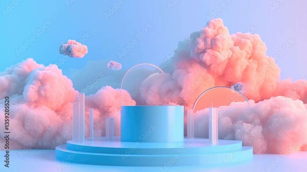 Minimalist pastel blue and pink display stand surrounded by fluffy clouds.