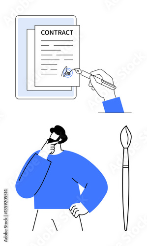 Individual thinking of contract while hand signs it. Tall brush stands nearby. Ideal for business, creativity, decision-making, agreements, art, strategy freelance. Flat simple metaphor