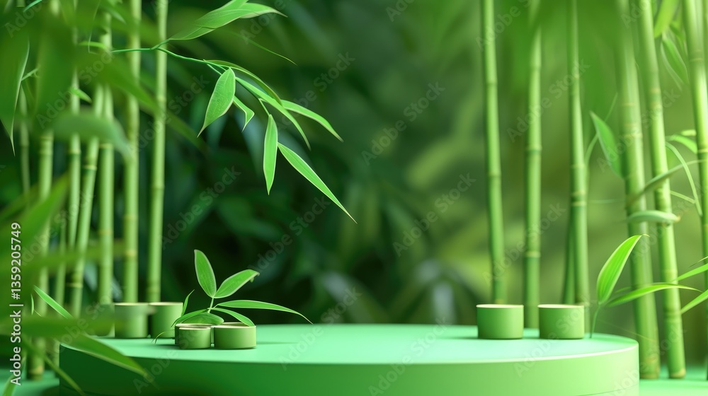Minimalist green display platform nestled amongst vibrant bamboo stalks and leaves.