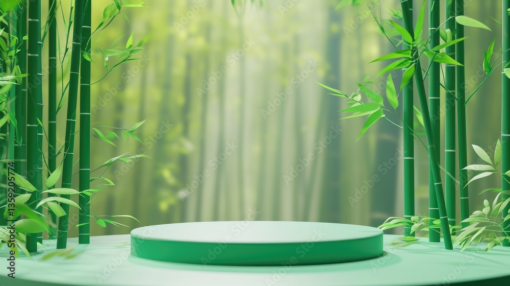 Minimalist green platform sits amongst lush bamboo plants with a serene natural display.