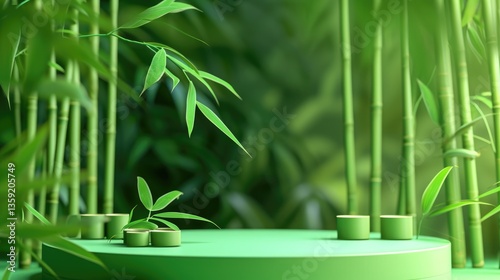 Obraz na płótnie Minimalist green display platform nestled amongst vibrant bamboo stalks and leaves. w salonie