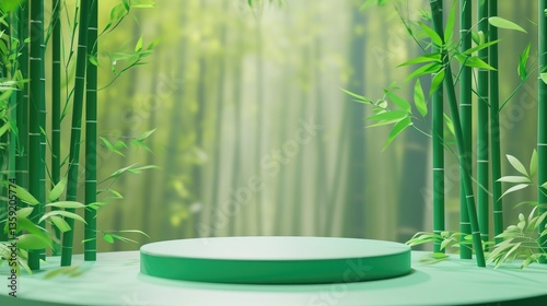 Obraz na płótnie Minimalist green platform sits amongst lush bamboo plants with a serene natural display. w salonie