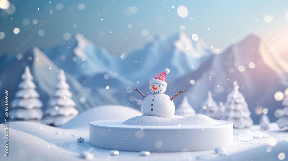 Miniature snowman in a Santa hat sits atop a snowy platform against a backdrop of snowy mountains and pine trees under a softly falling snow.