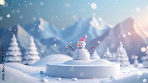 Obraz na płótnie Miniature snowman in a Santa hat sits atop a snowy platform against a backdrop of snowy mountains and pine trees under a softly falling snow. w salonie