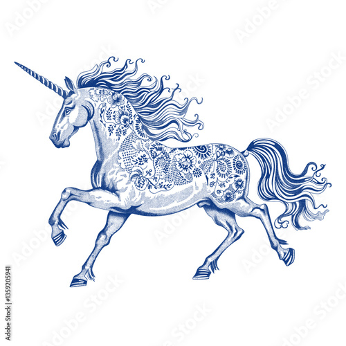 Hand drawn a unicorn drawing white blue vector