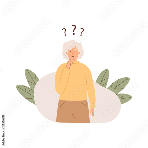 Elderly woman experiencing memory loss and confusion. Thoughtful old person with question mark. Dementia and Alzheimer concept. Flat Style Vector Illustration.