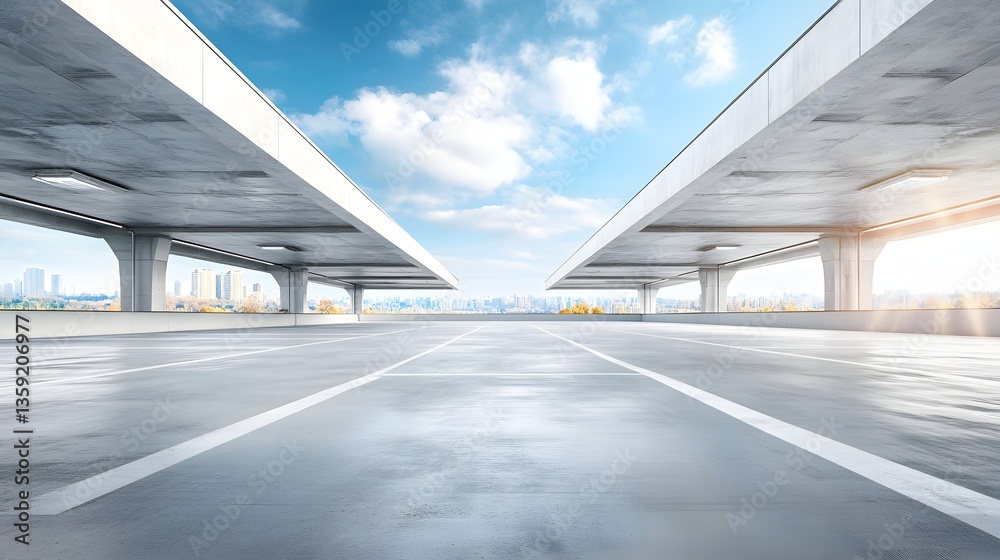 empty parking garage with city skyline view
