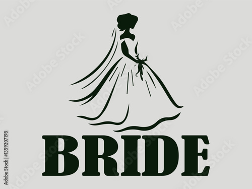 Elegant bride silhouette in a flowing wedding dress with a delicate veil and floral headpiece, elegant bride illustration with floral headpiece and flowing veil in a soft, romantic style, logo vector