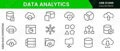 Data analytics web icons set in thin line design. Pack of database, big data process, ai, monitoring, traffic, hosting service, optimization, backup, chart and other. Vector outline stroke icon design