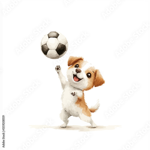 Puppy's Playful Kick: A cheerful cartoon puppy kicks a soccer ball with unbridled joy. Perfect for children's illustrations, sports and pets