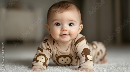 Adorable Baby in Monkey Pajamas Crawling
